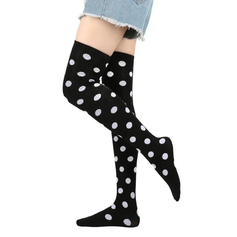 Thigh High Socks Women Over Knee Striped Polka Dot Stockings Black White Pink Lolita Cosplay Harajuku Y2K Kawaii