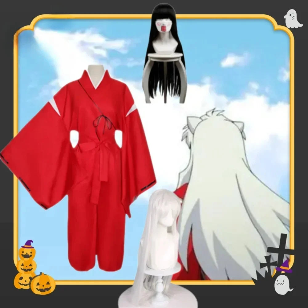 Inuyasha Cosplay Costume Set – Kagome / Kikyo Kimono Outfit with Wig & Shoes (Unisex Halloween Costume)