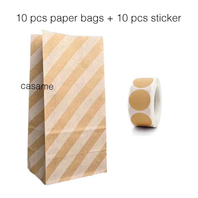 10PCS Stand-Up Colorful Gift Bags with Stickers – Solid, Striped & Polka Dot Treat Bags for Wedding, Birthday & Party Favors (18×9×6cm)