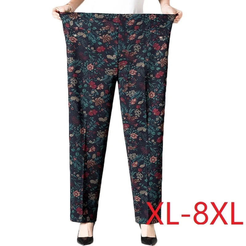 8XL Plus Size Women's Winter Pants – Printed Elastic High-Waist Velvet Trousers, Warm Straight-Leg Casual Oversized Fit