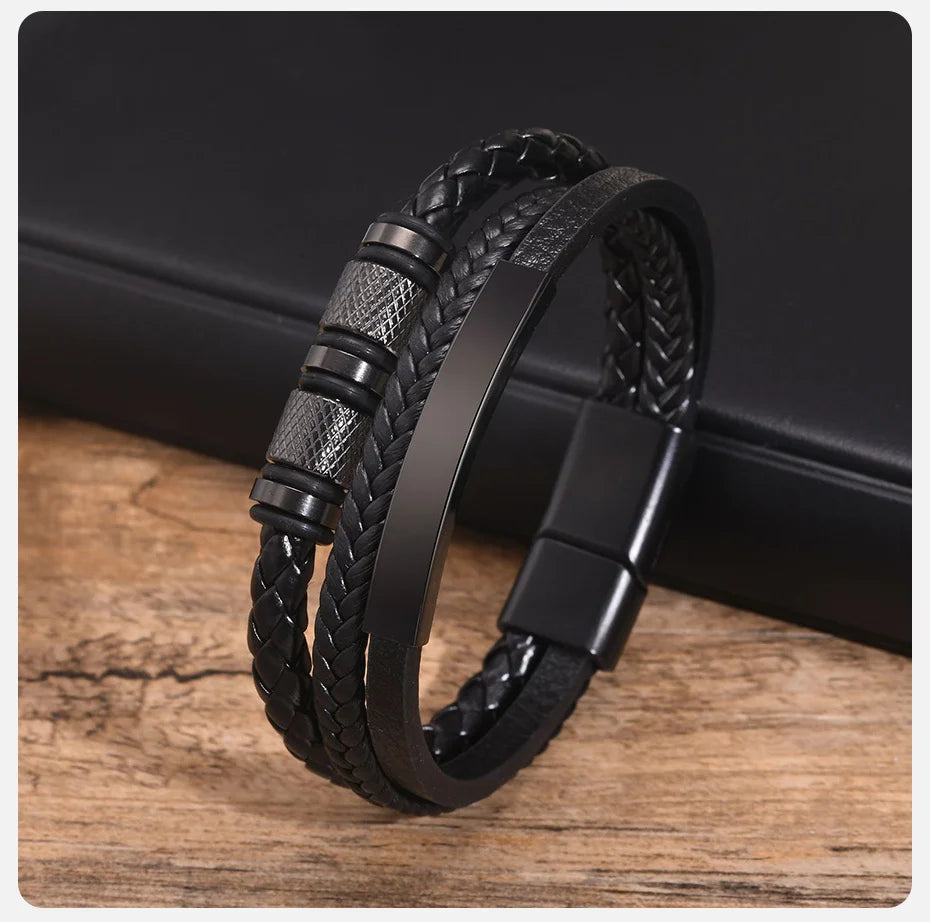 Vnox Personalized Braided Leather Bracelet for Men – Custom Name Engraved Triple Woven PU Leather Wristband | Handmade Gift Jewelry