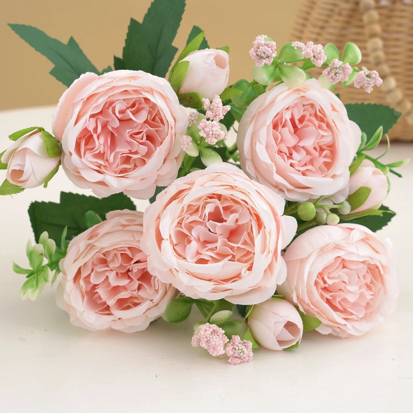 30cm Pink Silk Peony Rose Bouquet – Artificial Flower Arrangement with 5 Large Blooms & 4 Buds, Realistic Faux Floral Bouquet for Wedding, Bridal Décor, Home Decoration & DIY Crafts