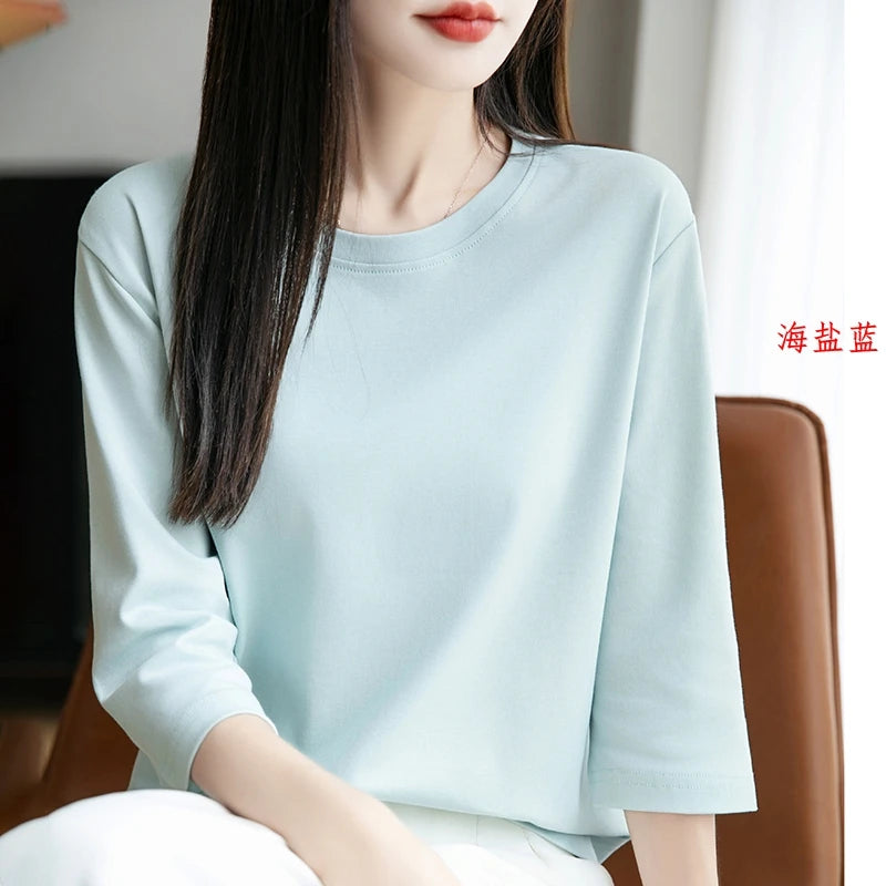 Camiseta de algodón mercerizado para mujer, manga corta, cuello redondo, top básico suave de verano