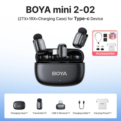 BOYA Mini 2 Wireless Lavalier Microphone – Mini Clip-On Mic with AI Noise Reduction for iPhone, Android & USB-C Video Recording