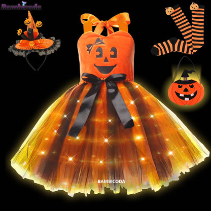 Girls LED Light-Up Witch Costume Dress – Halloween Vampire Cosplay Outfit for Carnival, Masquerade, Performance & Pumpkin Parties