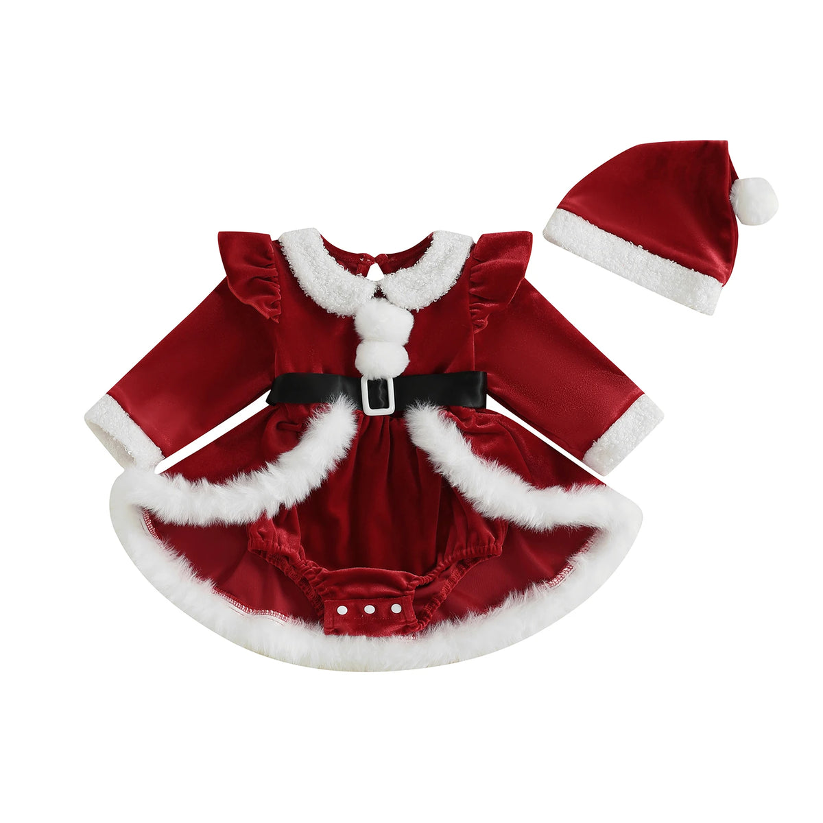 Citgeett Baby Girls Christmas Bodysuit Dress Set, Winter Plush Patchwork Long Sleeve Jumpsuit with Cute Santa Hat, Infant Holiday Outfit for Christmas Parties, Photoshoots and Festive Celebrations