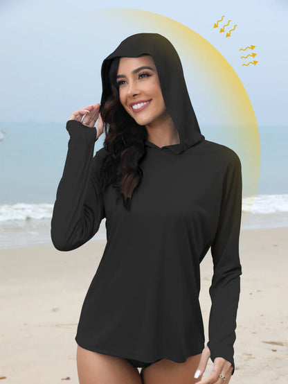 Women’s Sunscreen Hoodie T-Shirt Thumb Hole Hidden Ponytail Hole Outdoor Running Fitness Sport Top