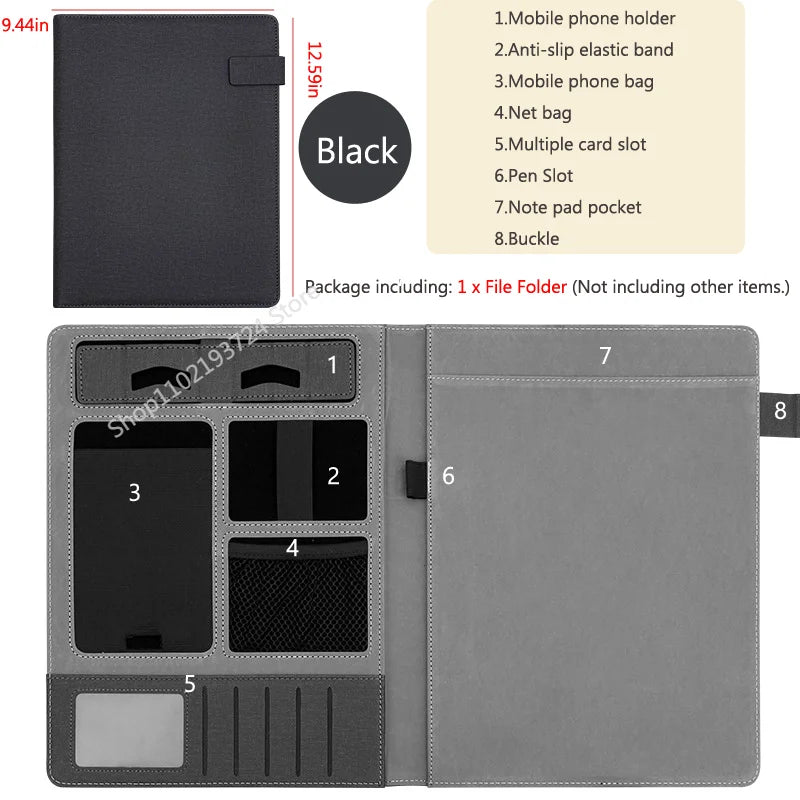 A4 PU Leather Padfolio Folder – Multifunction Document Holder & Business Portfolio Organizer for Men & Women