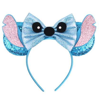 Diadema de orejas de Mickey Mouse de Lilo & Stitch – Lazo de lentejuelas de 5" Accesorio para el cabello de dibujos animados para mujeres y niñas | Diadema para fiestas y festivales