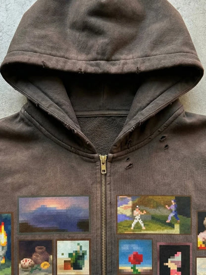 Sweat à capuche zippé marron rétro Y2K, coupe oversize, avec motif graphique pixelisé