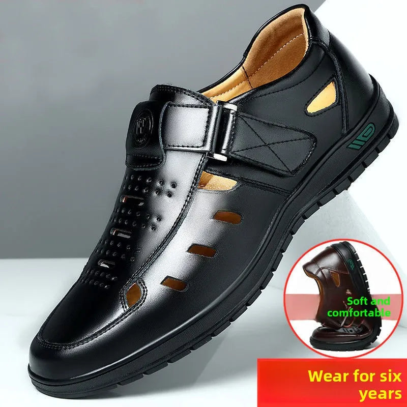 Sandalias de cuero genuino para hombre antideslizantes transpirables sin cordones casuales de verano para caminar