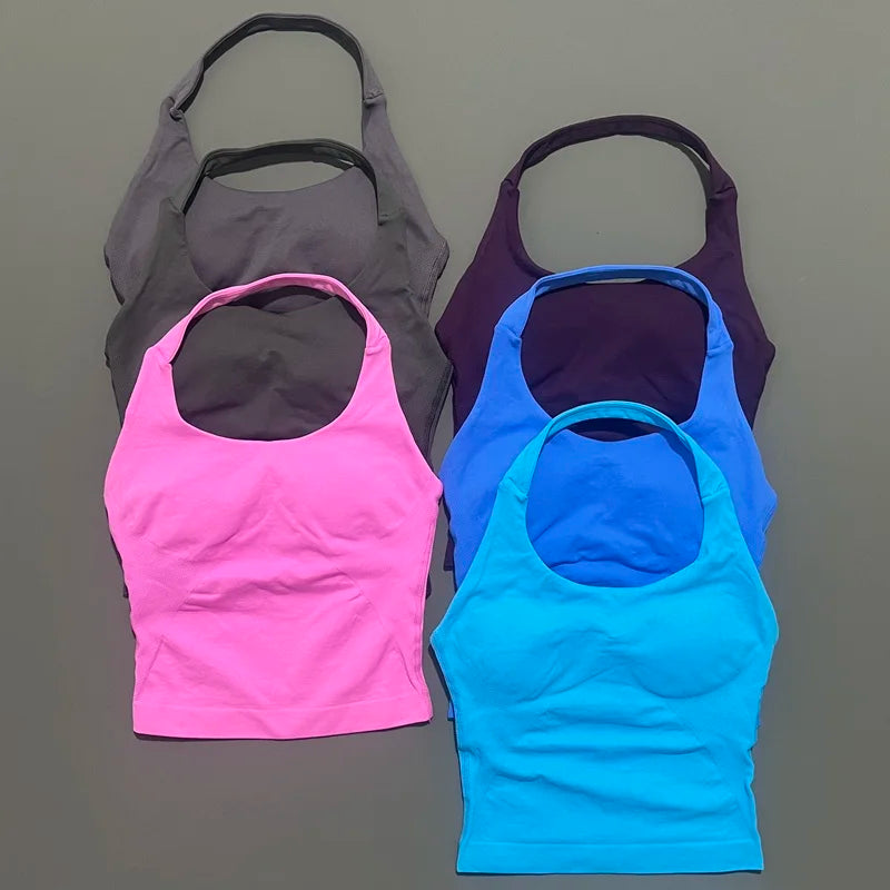 HISTELLO Women’s Seamless Longline Halter Sports Top – Built-in Bra with Removable Cups Yoga & Gym Tank Activewear