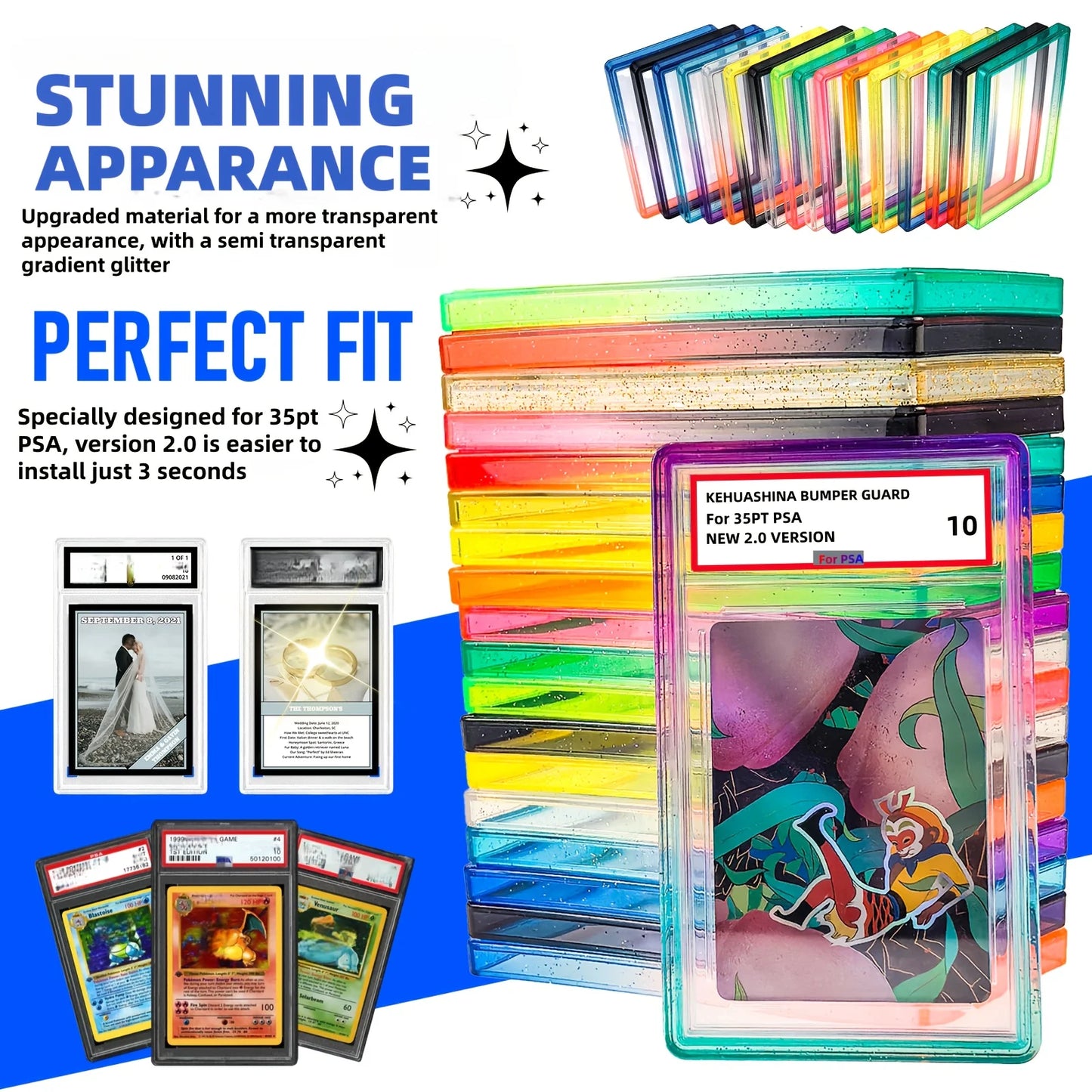 Étui de protection Bumper en TPU à paillettes – Housse de protection avec dos transparent pour cartes à collectionner PSA 35PT