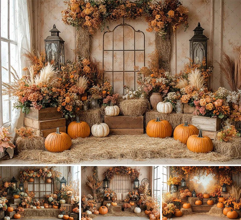 Mehofond Fall Autumn Harvest Photography Backdrop – Rustic Barn Hay & Pumpkin Background for Kids’ Birthday, Portrait, Photo Studio & Party Decor