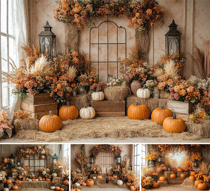 Mehofond Fall Autumn Harvest Photography Backdrop – Rustic Barn Hay & Pumpkin Background for Kids’ Birthday, Portrait, Photo Studio & Party Decor