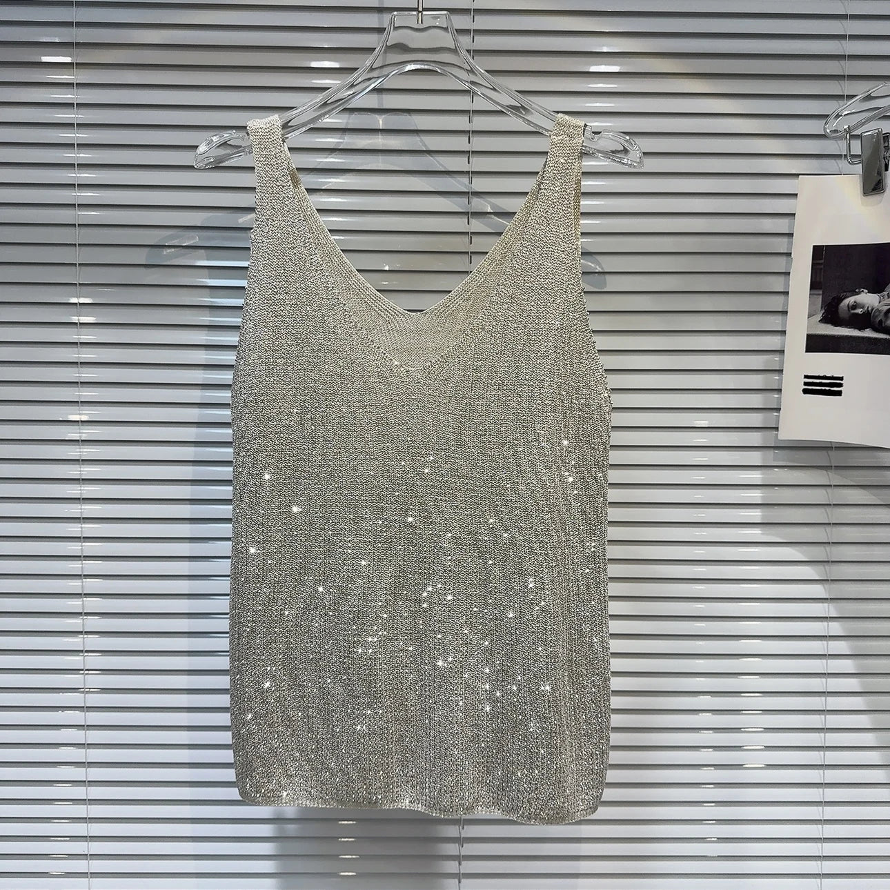 Women's Summer V-Neck Rhinestone Tank Top – Loose Sleeveless Bling Top with Sparkly Diamond Embellishments