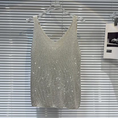 Women's Summer V-Neck Rhinestone Tank Top – Loose Sleeveless Bling Top with Sparkly Diamond Embellishments