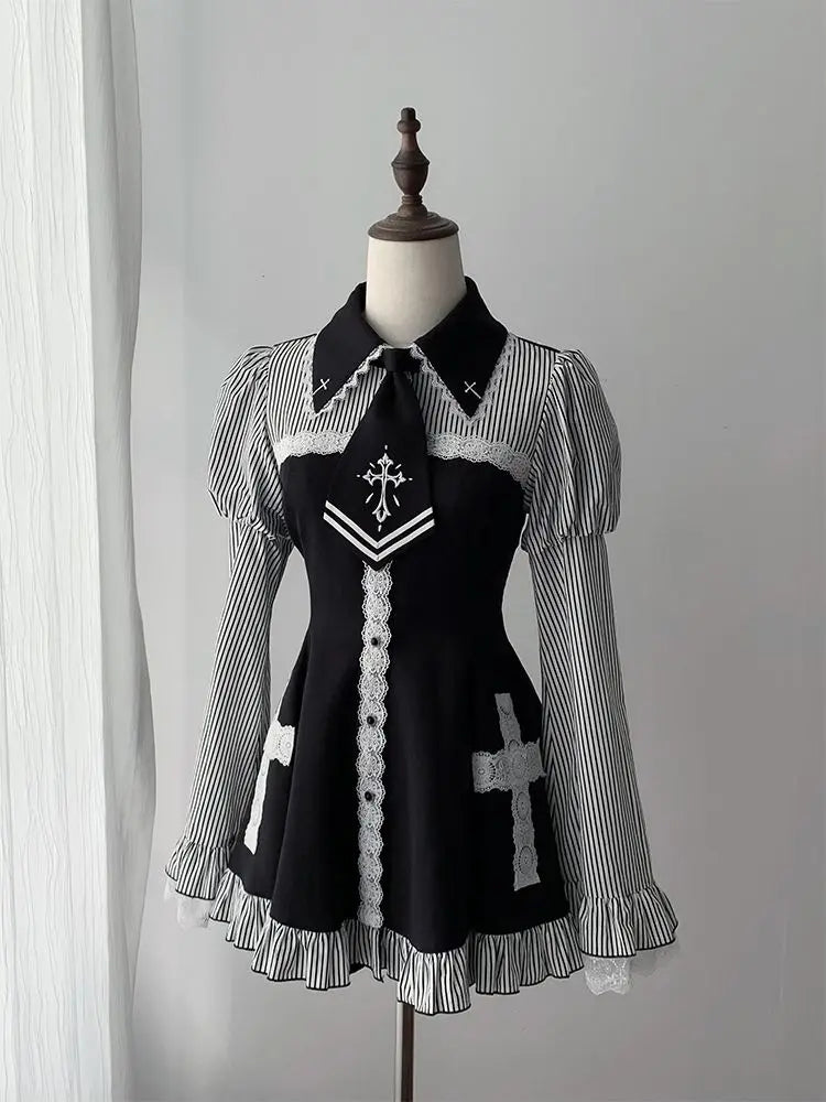 Vestido japonés Sweet Lolita Kawaii para mujer 2025, estampado de primavera, lazo, vestido falso de dos piezas, estilo coreano, ropa de fiesta