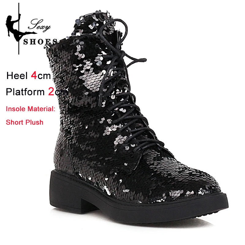 Women’s Plush Ankle Boots – Autumn & Winter Low Heel Round Toe Zipper Short Boots with Sequined Multi-Color Knit Design