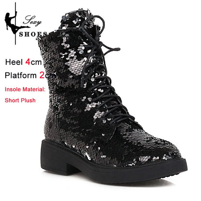 Women’s Plush Ankle Boots – Autumn & Winter Low Heel Round Toe Zipper Short Boots with Sequined Multi-Color Knit Design