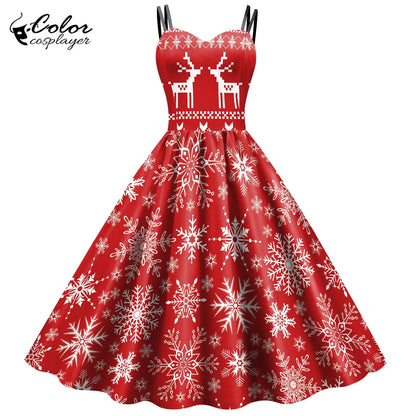 Women's Red Christmas Party Dress with 3D Snowflake Pattern, Vintage Chiffon Suspender Skirt Cosplay Costume, Festive Holiday Dress for Christmas Parties and New Year Celebrations