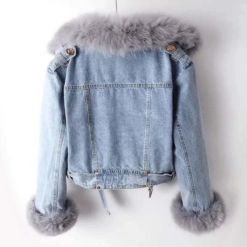 Women’s Faux Fox Fur Collar Denim Jacket – Short Winter Parka with Rabbit-Hair Lining, Warm Fashion Coat & Casual Outerwear