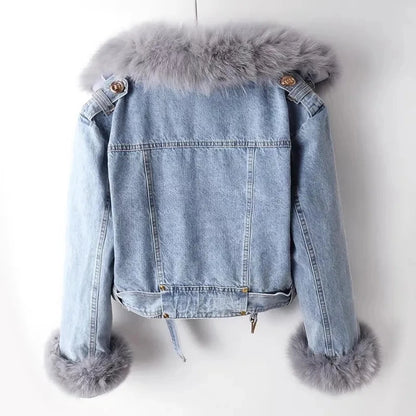 Women’s Faux Fox Fur Collar Denim Jacket – Short Winter Parka with Rabbit-Hair Lining, Warm Fashion Coat & Casual Outerwear