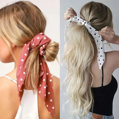 Korean Dots Scrunchie Hair Tie – Long Scarf Ponytail Elastic Hair Band for Women | Sweet Fashion Hair Accessories