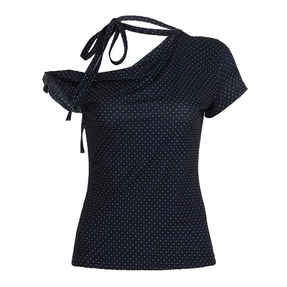 Women’s Sweet Polka Dot One Shoulder T-Shirt Korean Style Slim Fit Summer Casual Office Top