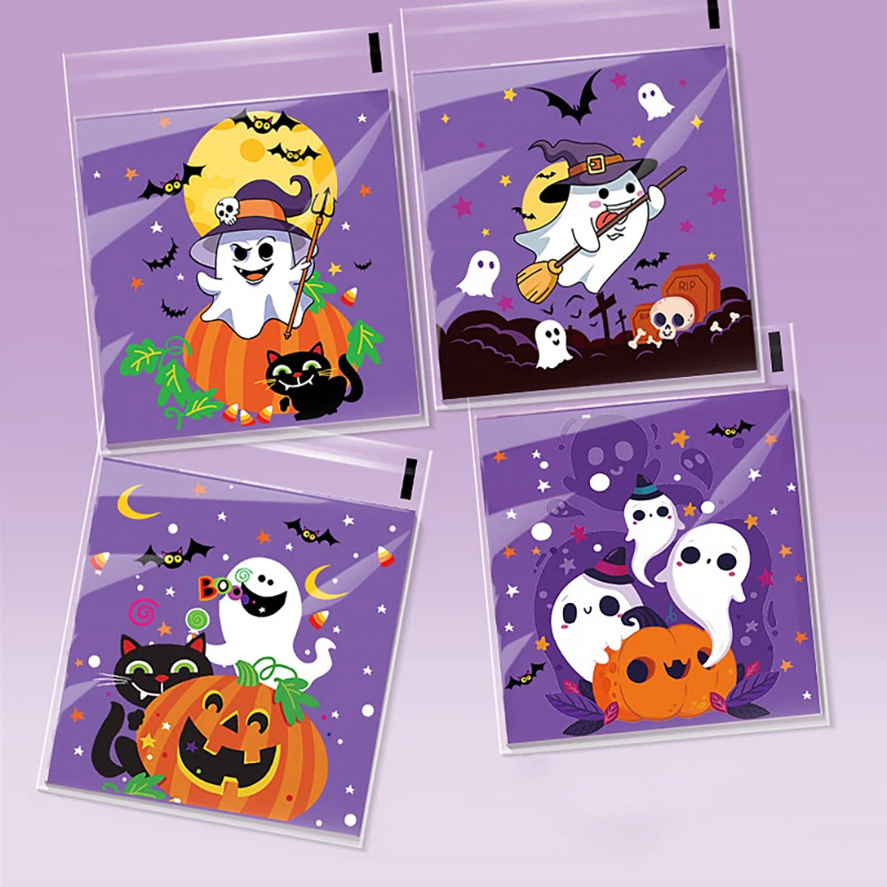 100PCS Halloween Self-Adhesive Treat Bags – Clear Candy & Cookie Packaging Bags for Kids’ Birthday Parties, Party Favors & Gifts