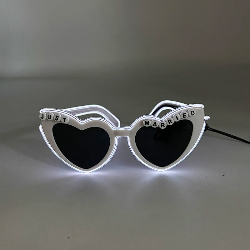 Just Married LED Heart Glasses – Light-Up EL Neon Glasses for Weddings, Engagements & Bridal Showers