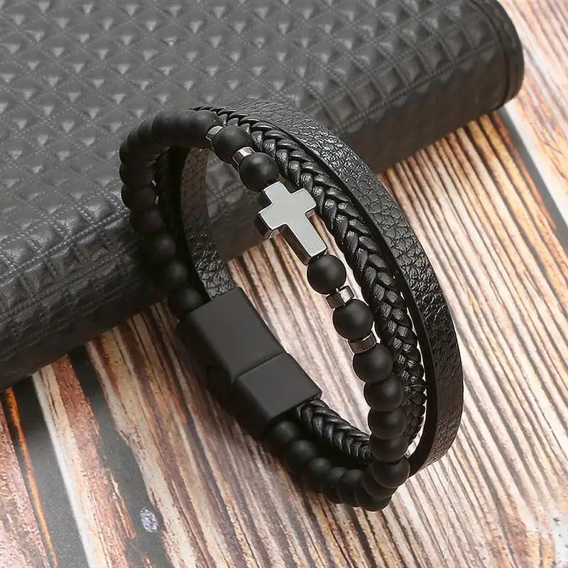 Pulsera de cuero clásica para hombre – Pulsera multicapa tejida a mano para hombre | Accesorio de joyería de moda casual, regalo