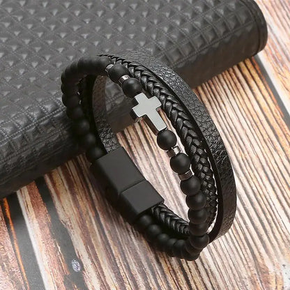 Pulsera de cuero clásica para hombre – Pulsera multicapa tejida a mano para hombre | Accesorio de joyería de moda casual, regalo