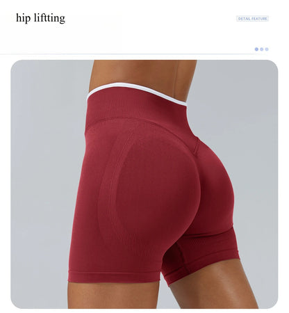 Women’s Seamless High Waist Gym Shorts Color Block Hip Lifting Yoga Running Sports Tight Shorts