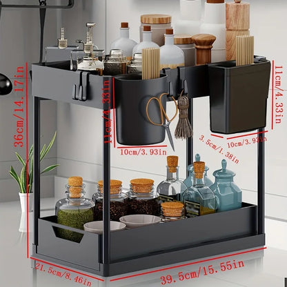 2-Tier Kitchen Sink Organizer – Sliding Cabinet Basket with Hooks & Cups for Space-Saving Storage