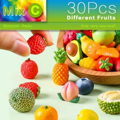 Lot de 10 mini figurines de fruits – Miniatures de fruit du dragon, noix de coco, melon d'eau, orange, pomme, banane et ananas pour la décoration de jardin miniature, les scènes de maison de poupée, les pots de plantes et les loisirs créatifs