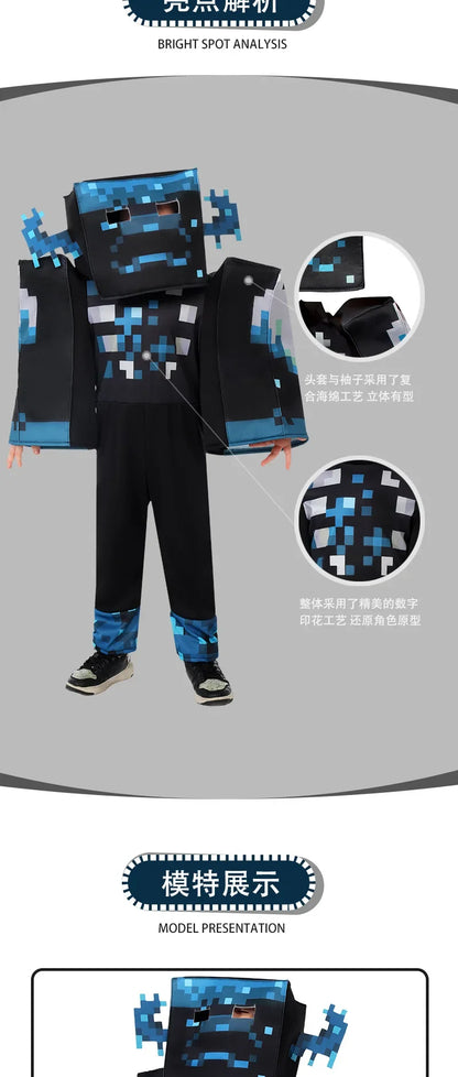 My World MC Game Cosplay Costume – Kids Sound Guard Headgear Jumpsuit Outfit for Boys & Girls Halloween Carnival Performance Dress-Up