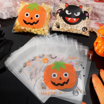 100/500PCS Halloween Candy Bags – Spooky Self-Adhesive Plastic Treat Bags for Candy, Cookies & Snacks, Kids’ Gifts, Trick-or-Treat & Halloween Party Decor