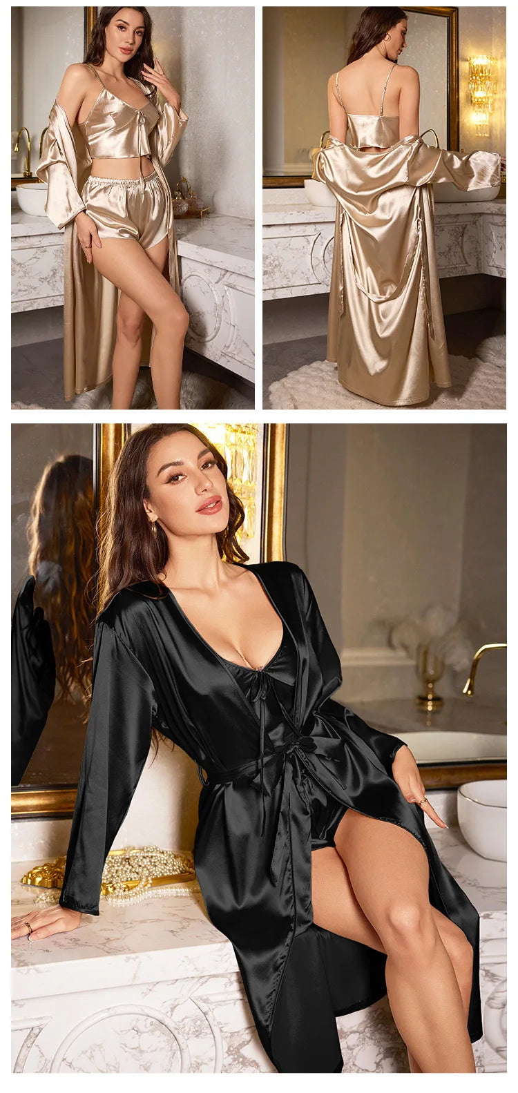 Women’s 3PCS Satin Pajama Set – Sexy Nightgown, Sling Dress & Robe Elegant Sleepwear Loungewear