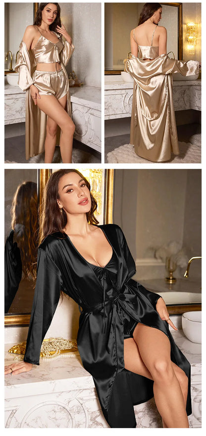 Women’s 3PCS Satin Pajama Set – Sexy Nightgown, Sling Dress & Robe Elegant Sleepwear Loungewear