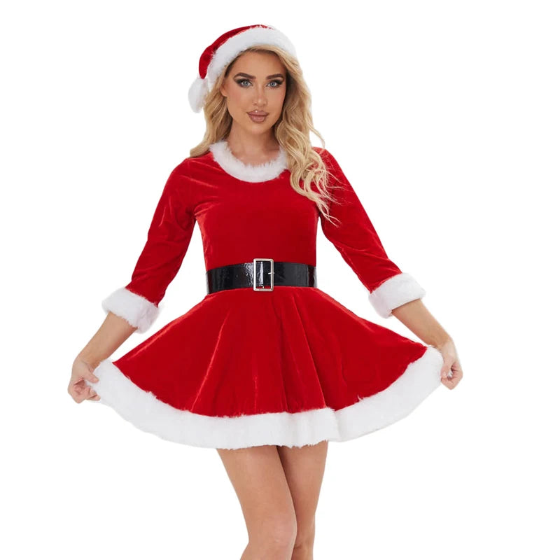 Women's Deluxe Velvet Santa Claus Costume, Red Christmas Suit Cosplay Outfit, Elegant Xmas Carnival and Halloween Party Fancy Dress for Holiday Celebrations and Festive Events