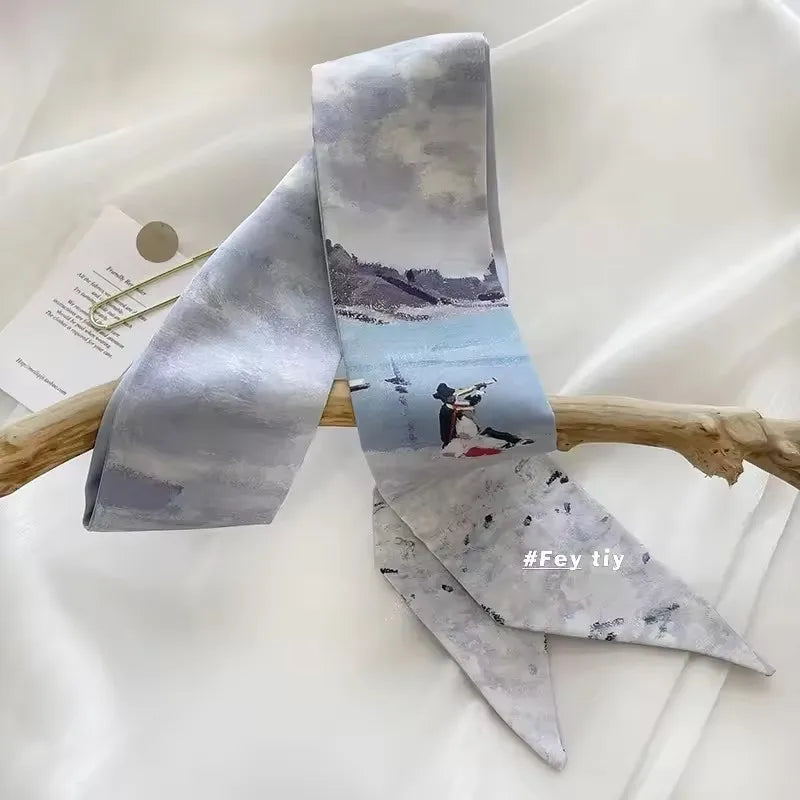 Khaki Nude Silk Scarf Hair Band – Vintage Satin Ribbon Bow Hair Accessory for Women | Elegant Fashion Hair Tie