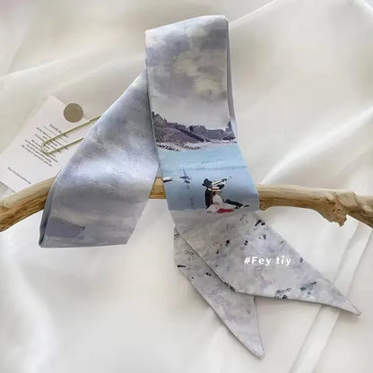 Khaki Nude Silk Scarf Hair Band – Vintage Satin Ribbon Bow Hair Accessory for Women | Elegant Fashion Hair Tie
