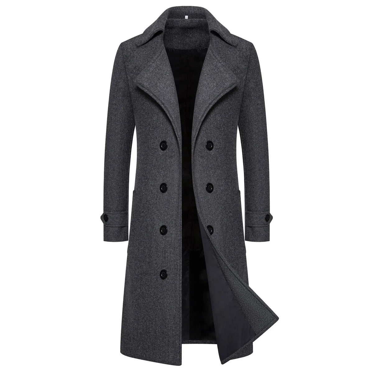 Men’s Long Woolen Trench Coat – Double-Breasted Slim-Fit Overcoat with Turn-Down Collar, Fashionable Spring & Autumn Outerwear