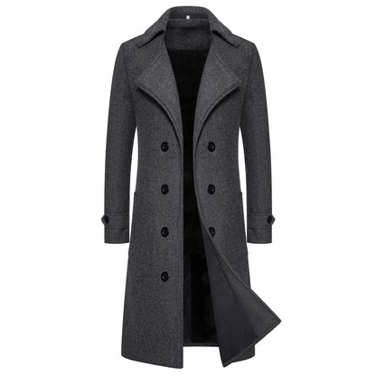 Men’s Long Woolen Trench Coat – Double-Breasted Slim-Fit Overcoat with Turn-Down Collar, Fashionable Spring & Autumn Outerwear