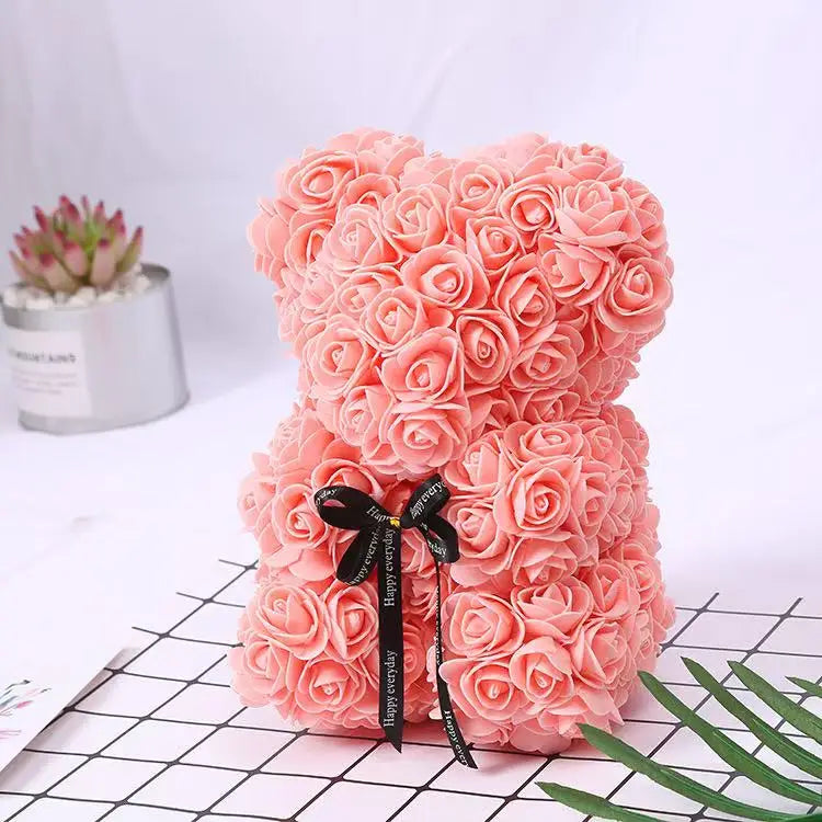 Oso de rosas artificiales de 25 cm con caja de regalo – Regalo romántico para ella en San Valentín, aniversario y boda
