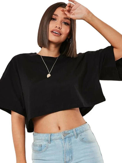 Women's Solid Color Cotton Crop T-Shirt – Short-Sleeve Casual Tee for Running, Yoga & Fitness, Comfortable Summer Top