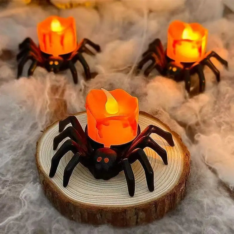 Halloween LED Pumpkin Candle Lamp – Button-Operated Plastic Pumpkin, Spider & Skull Horror Prop Decoration for Bar & Haunted House