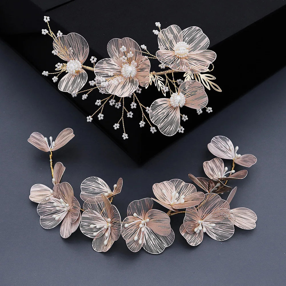 Vintage Gold Floral Bridal Headband with Pearls – Fairy Wedding Tiara for Brides, Prom & Special Occasions