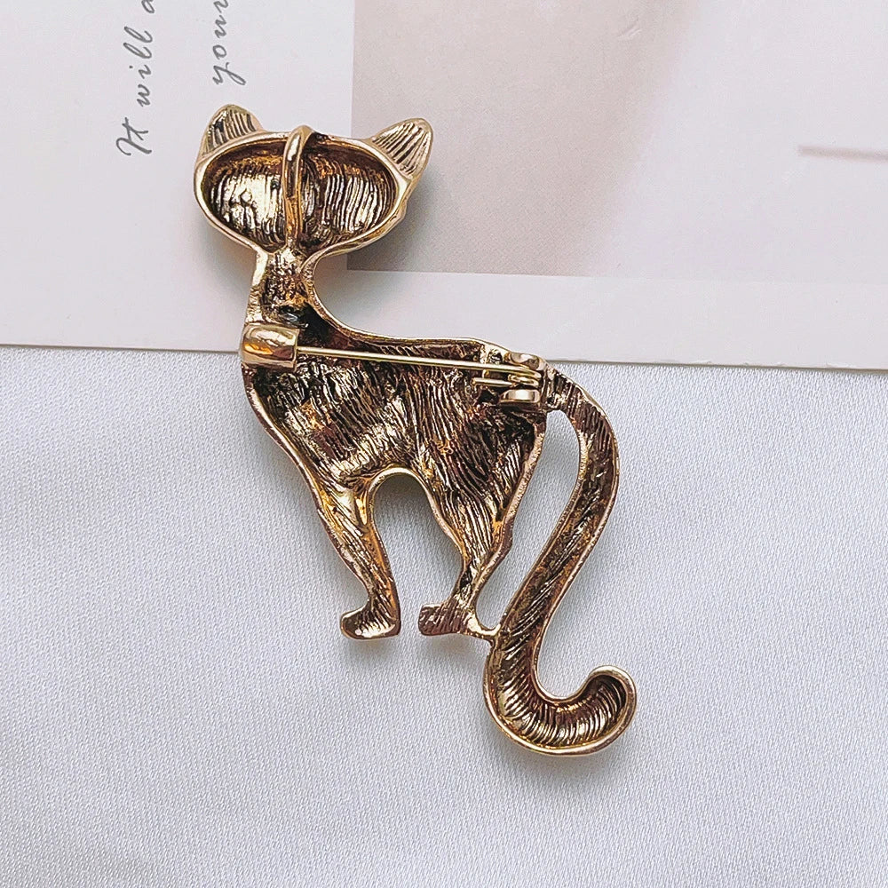 Retro Green Kitten Crystal Brooch Set – Personalized Vintage Cat Flower Chest Pin, Fashion Jewelry Accessory & Gift for Women
